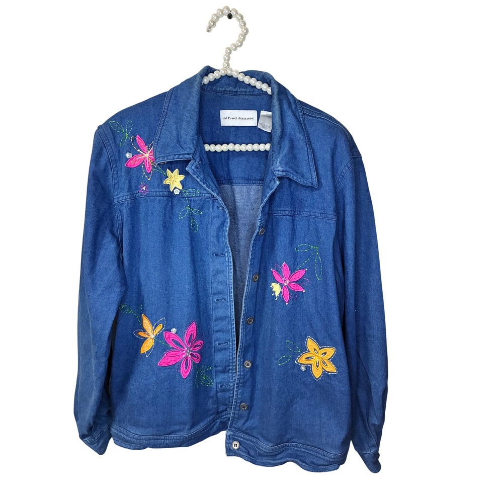 Alfred Dunner Denim Jacket Womens 12 Blue Good Floral Embroidered Beaded Stretch